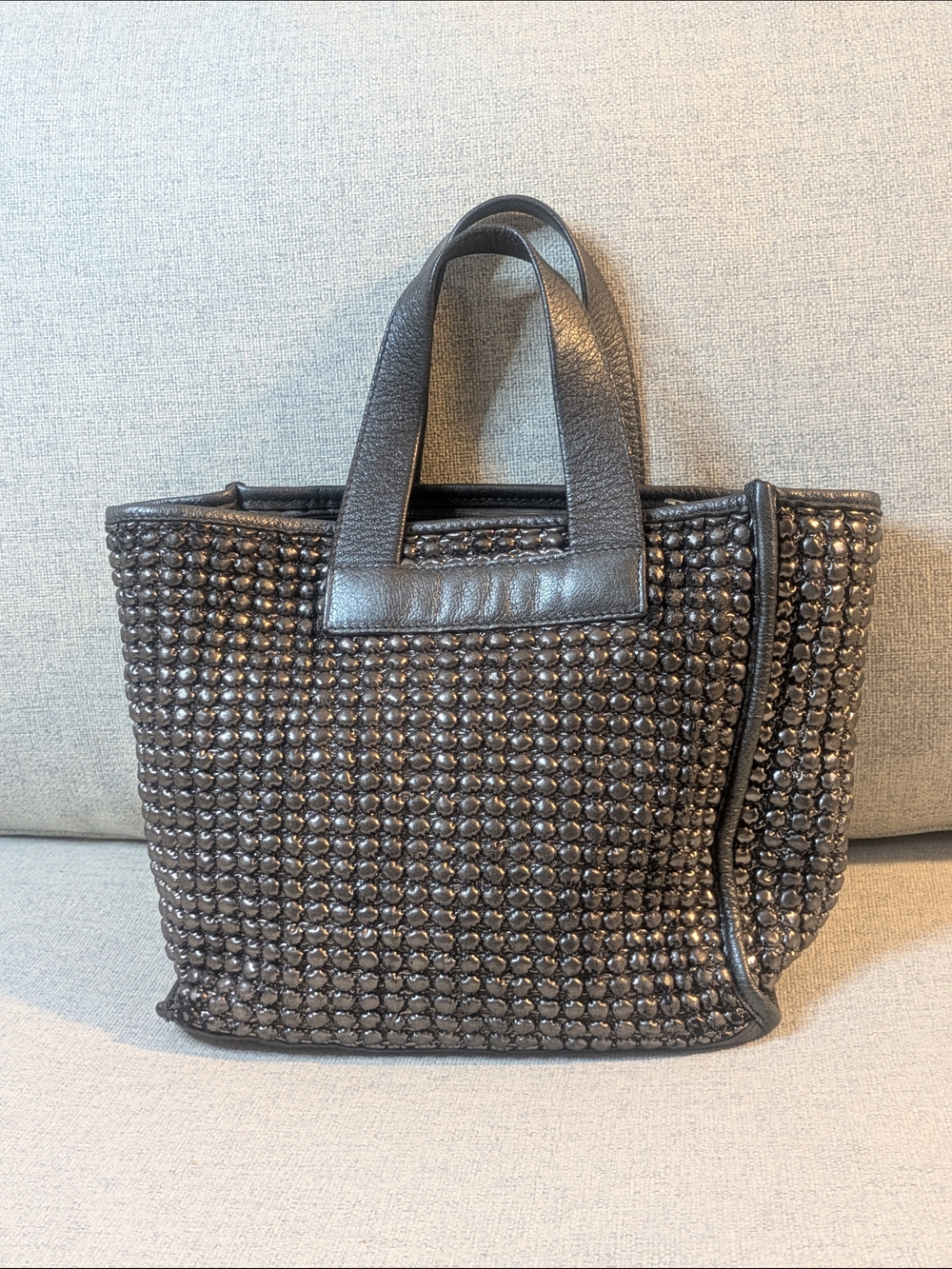 Furla Charcoal Textured Ball Detail Small Textile & Leather Handbag